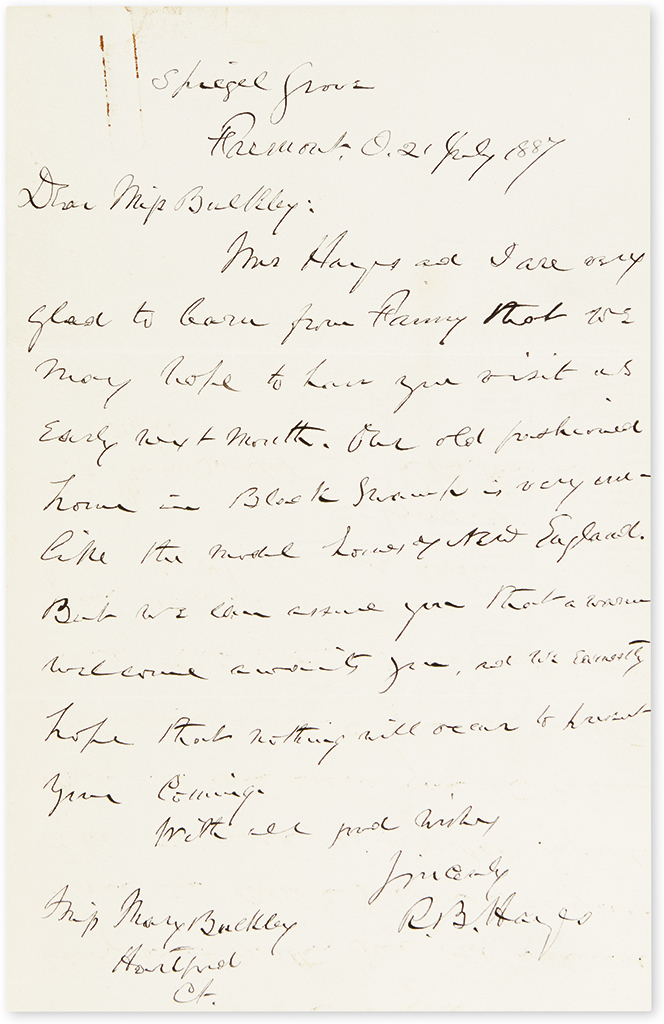 HAYES, RUTHERFORD B. Autograph Letter Signed, R.B. Hayes, to Mary Buckley (Dear Miss Buckley),